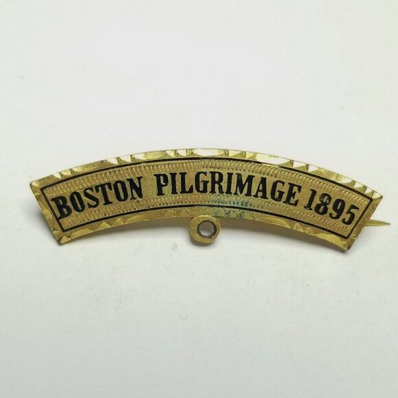 Vintage Boston Pilgrimage 1895 Brooch, Irons & Russell Makers, Gold Tone Enamel - Picture 6 of 7